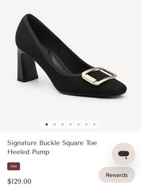 Square-Toe Mid Block Heel Pump with Gold Buckle - Black